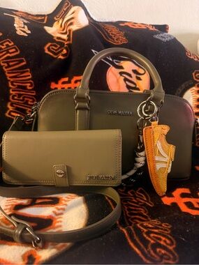 Steve Madden Olive Dome Satchel with Matching Wallet and Orange Sneaker Charm